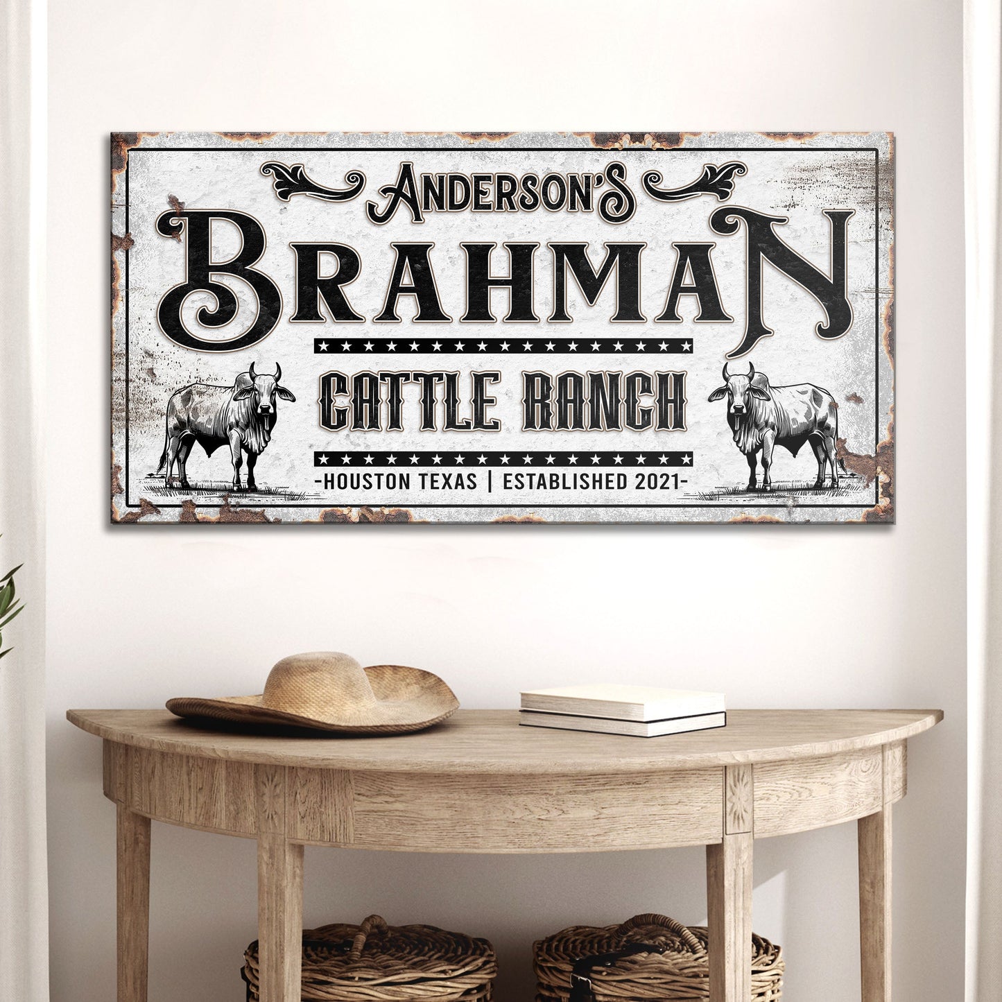 Personalized Brahman cattle canvas sign with vintage border and bold BRAHMAN lettering on Tampa Home & Garden Store