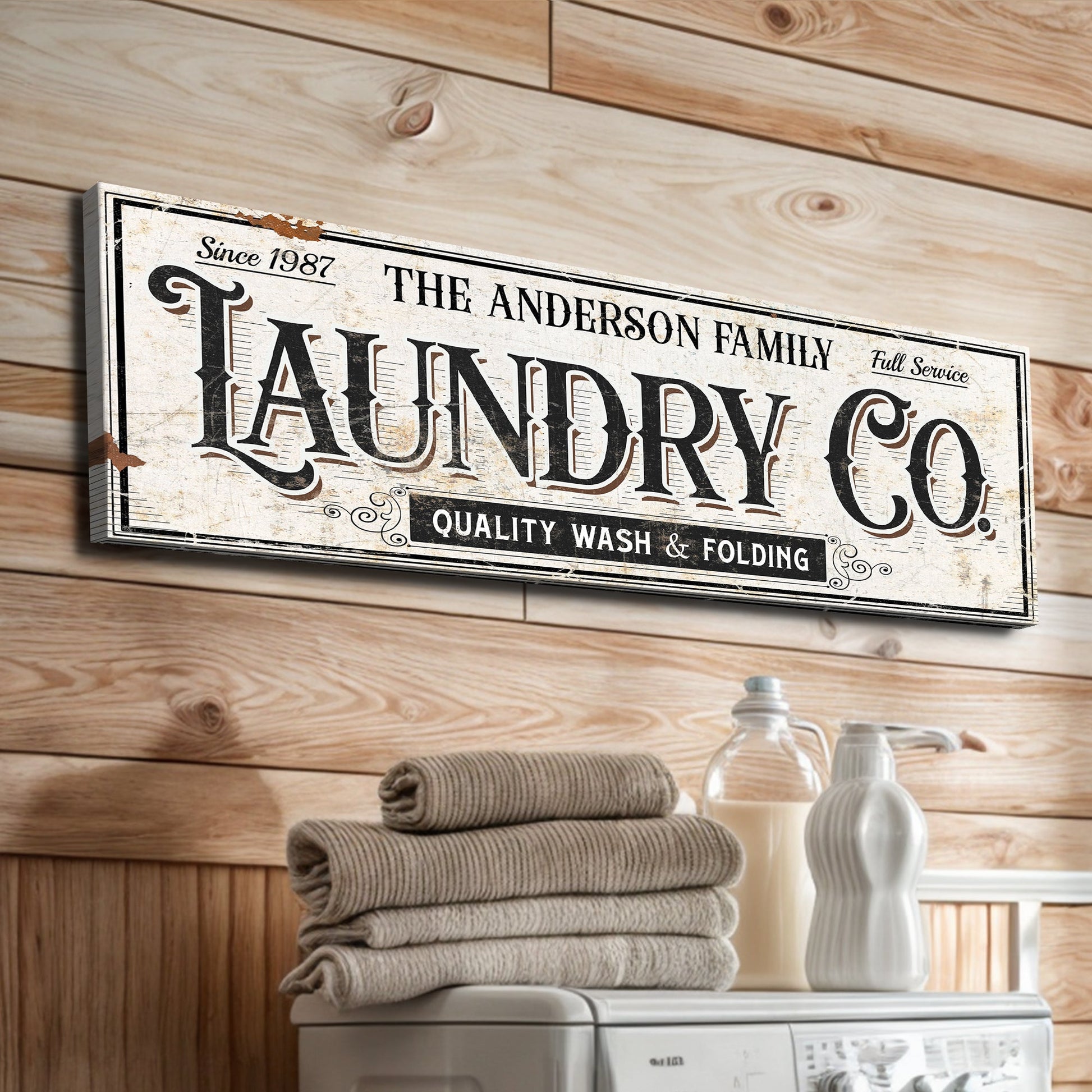 Canvas sign Laundry Room VIII by Tailored Canvases with typography on rustic wood backdrop on Tampa Home & Garden Store