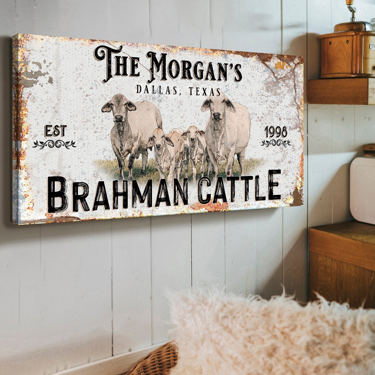 Personalized Brahman Cattle Sign II canvas with a herd illustration and rustic finish on Tampa Home & Garden Store