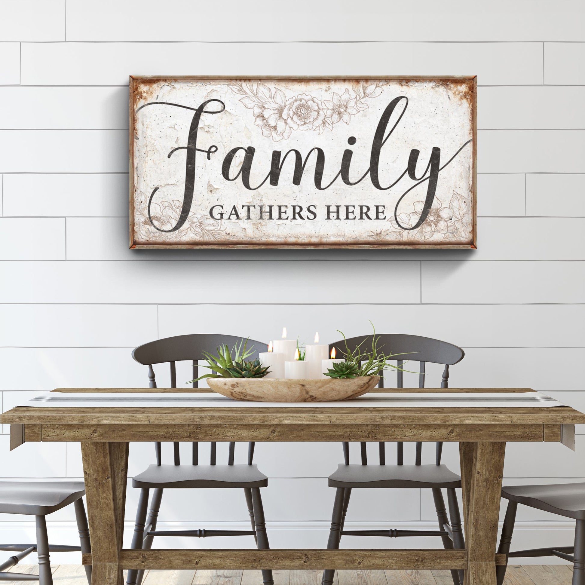 Family Gathers Here Sign on Canvas with floral border and rustic wood frame Tailored Canvases on Tampa Home & Garden Store