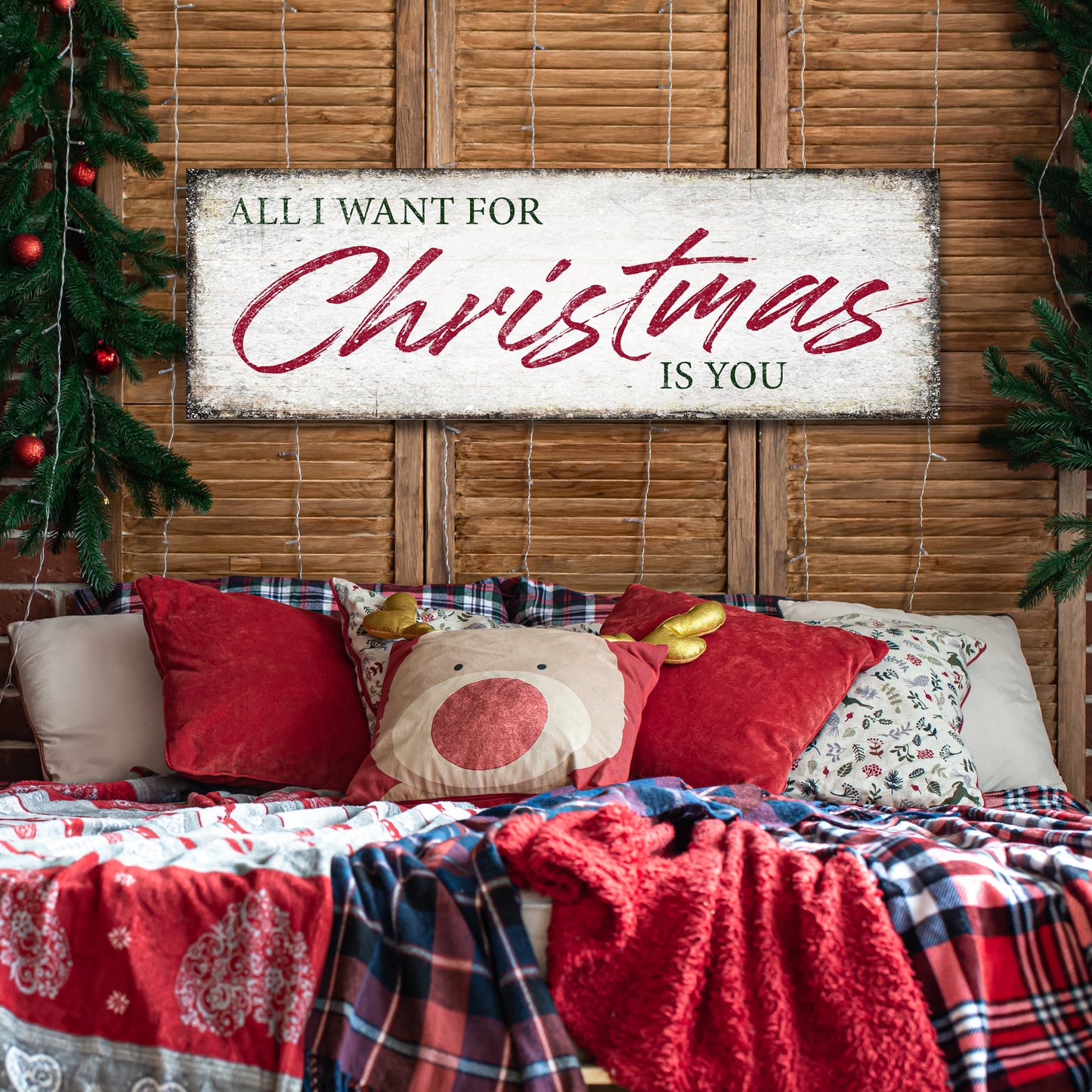 Canvas sign All I Want For Christmas Is You with green red script on white background on Tampa Home & Garden Store