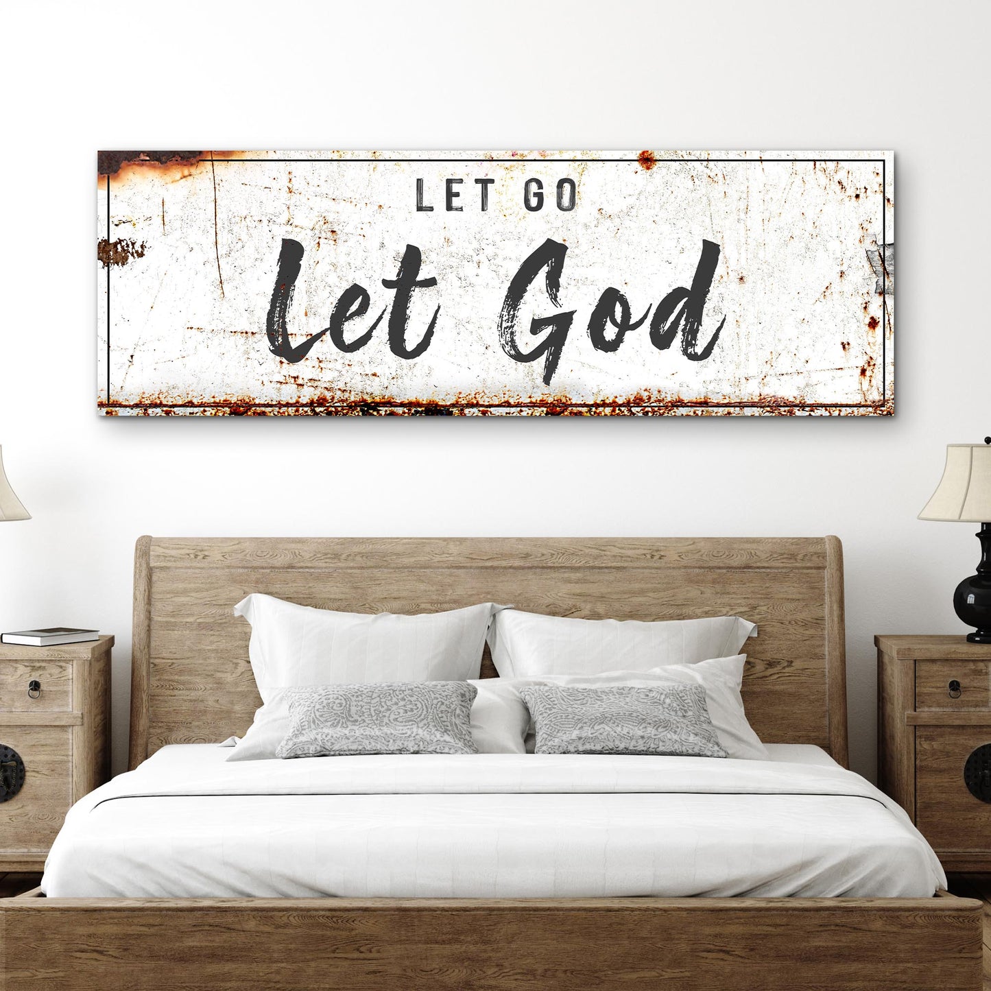 Let Go Let God faith sign canvas by Tailored Canvases, distressed white with black border on Tampa Home & Garden Store