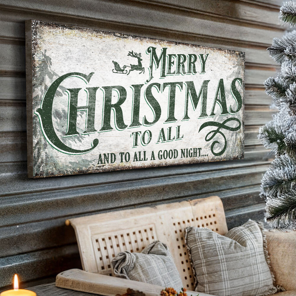Merry Christmas To All And Goodnight Sign II canvas by Tailored Canvases green lettering on wood on Tampa Home & Garden Store