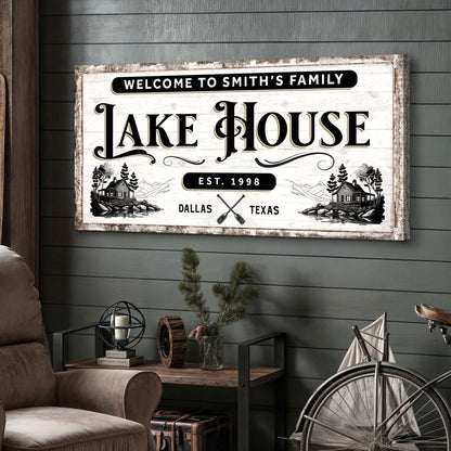 Lake House Sign VIII canvas by Tailored Canvases with whitewashed board and rustic cabin art on Tampa Home & Garden Store