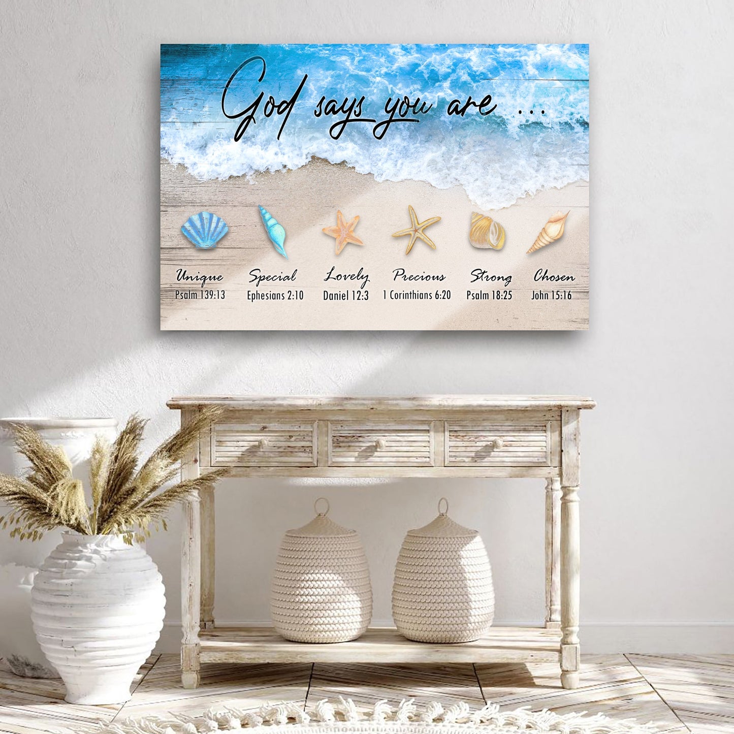 God Says You Are Faith Sign II canvas by Tailored Canvases with blue ocean beach scene on Tampa Home & Garden Store