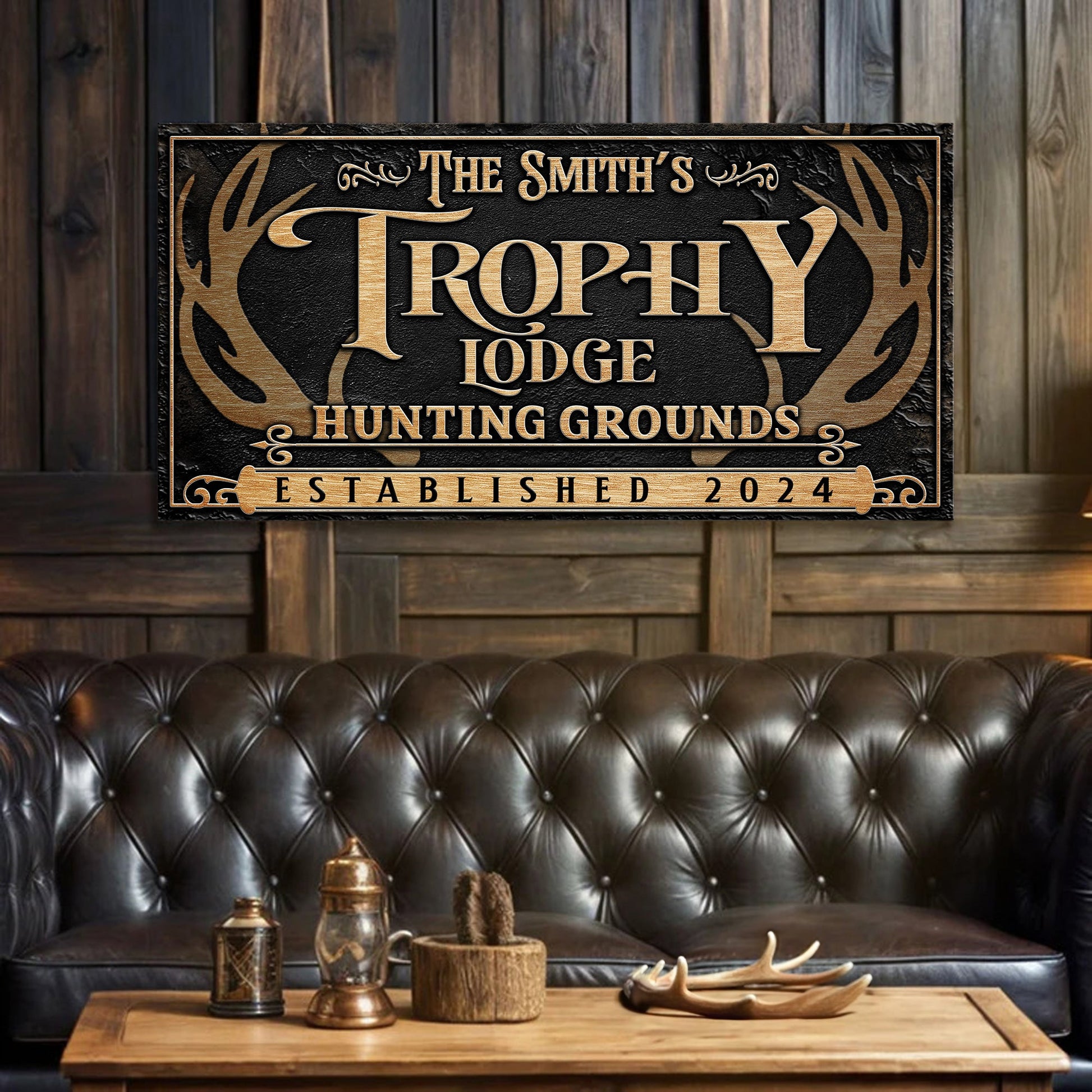 Personalized Family Antler Sign III canvas by Tailored Canvases with gold on black plaque on Tampa Home & Garden Store