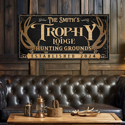 Personalized Family Antler Sign III canvas by Tailored Canvases with gold on black plaque on Tampa Home & Garden Store