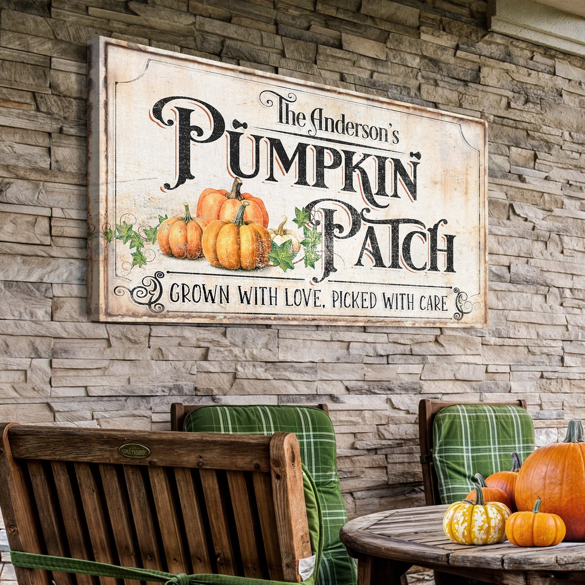Personalized Pumpkin Patch Sign III canvas art with vintage typography and pumpkins on Tampa Home & Garden Store