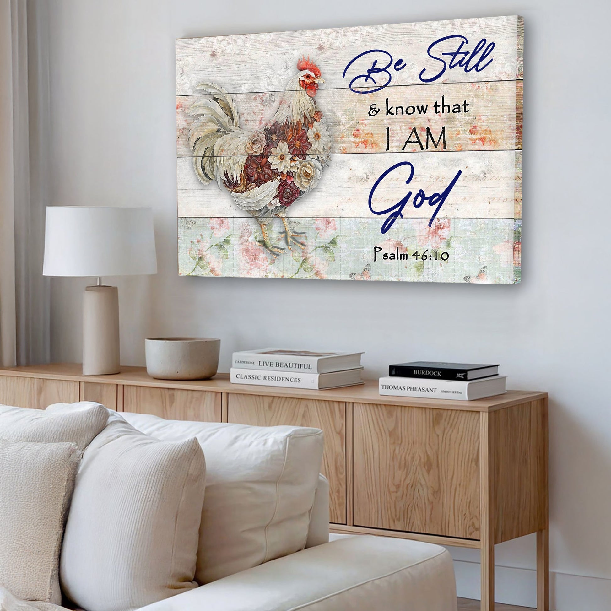 Be Still Faith Sign II canvas wall art by Tailored Canvases with rooster and flowers on distressed planks on Tampa Home & Garden Store