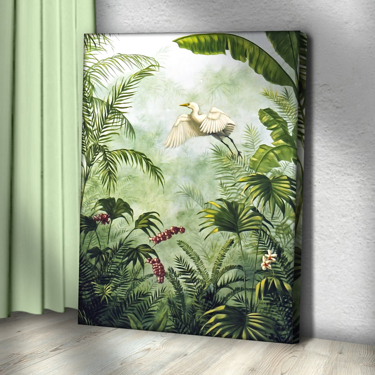 Tropical rainforest plants canvas wall art by Tailored Canvases, jungle leaves and a heron on Tampa Home & Garden Store