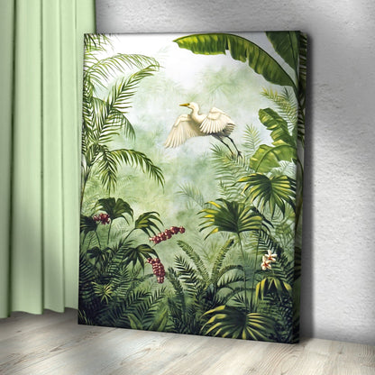 Tropical rainforest plants canvas wall art by Tailored Canvases, jungle leaves and a heron on Tampa Home & Garden Store