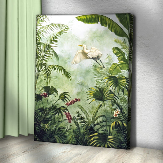 Tropical rainforest plants canvas wall art by Tailored Canvases, jungle leaves and a heron on Tampa Home & Garden Store