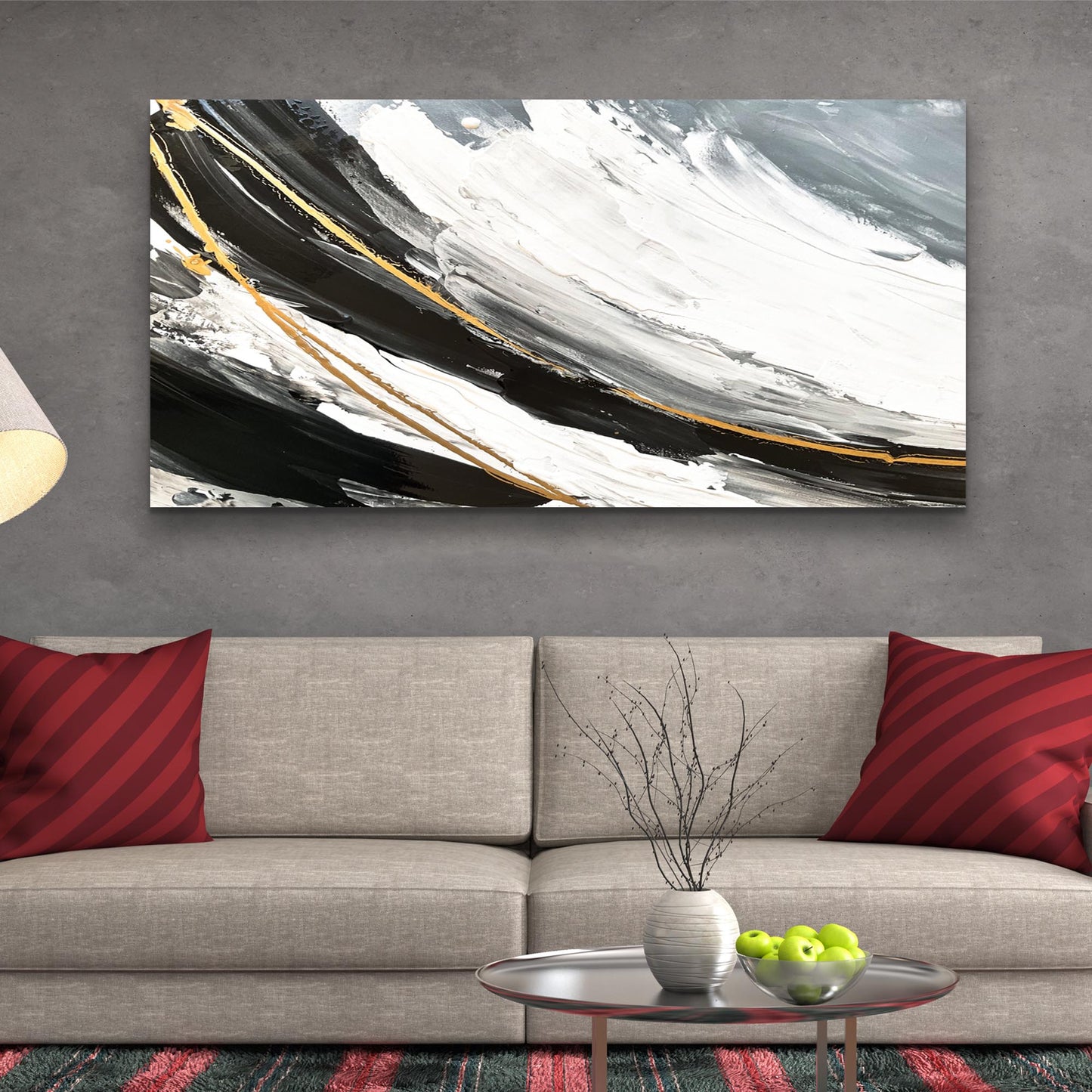 Modern Abstract Shadows Canvas by Tailored Canvases; black white gray strokes with gold accents on Tampa Home & Garden Store