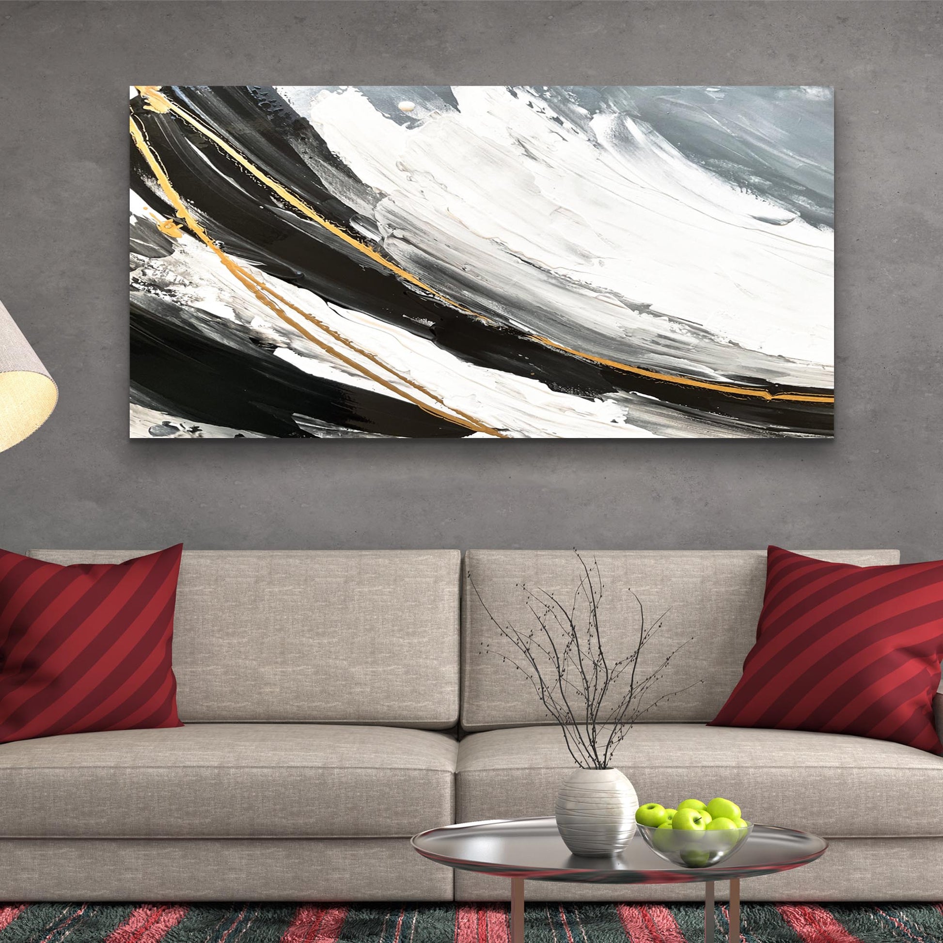 Modern Abstract Shadows Canvas by Tailored Canvases; black white gray strokes with gold accents on Tampa Home & Garden Store