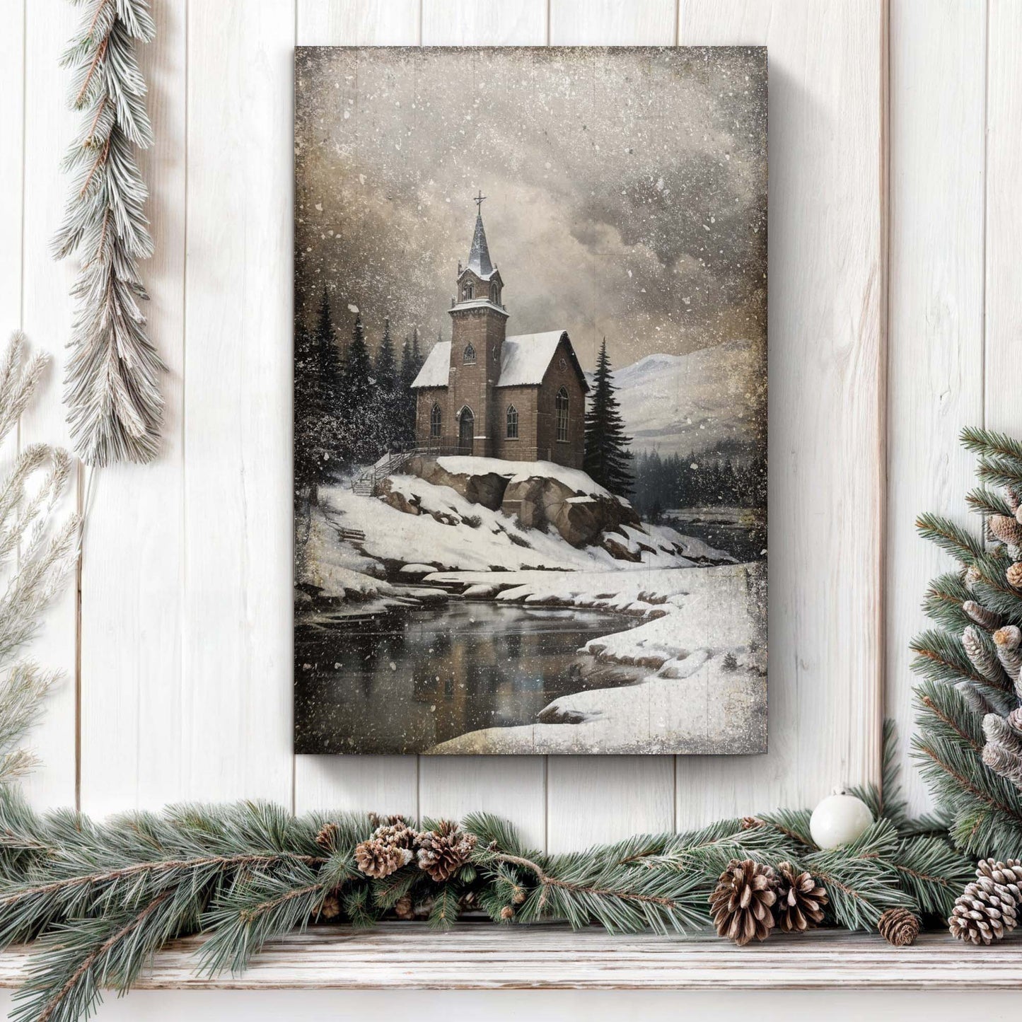 Vintage Church Christmas Wall Art II canvas by Tailored Canvases, snowy steeple among pines on Tampa Home & Garden Store