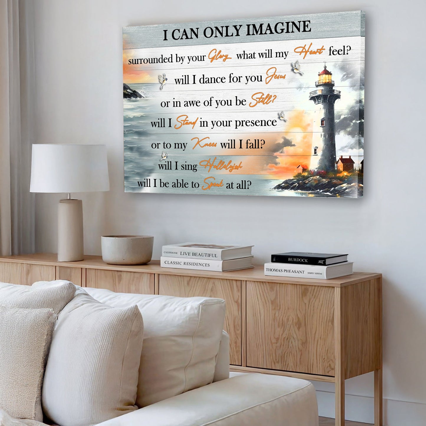 I Can Only Imagine Faith Sign III canvas by Tailored Canvases with coastal lighthouse artwork on Tampa Home & Garden Store