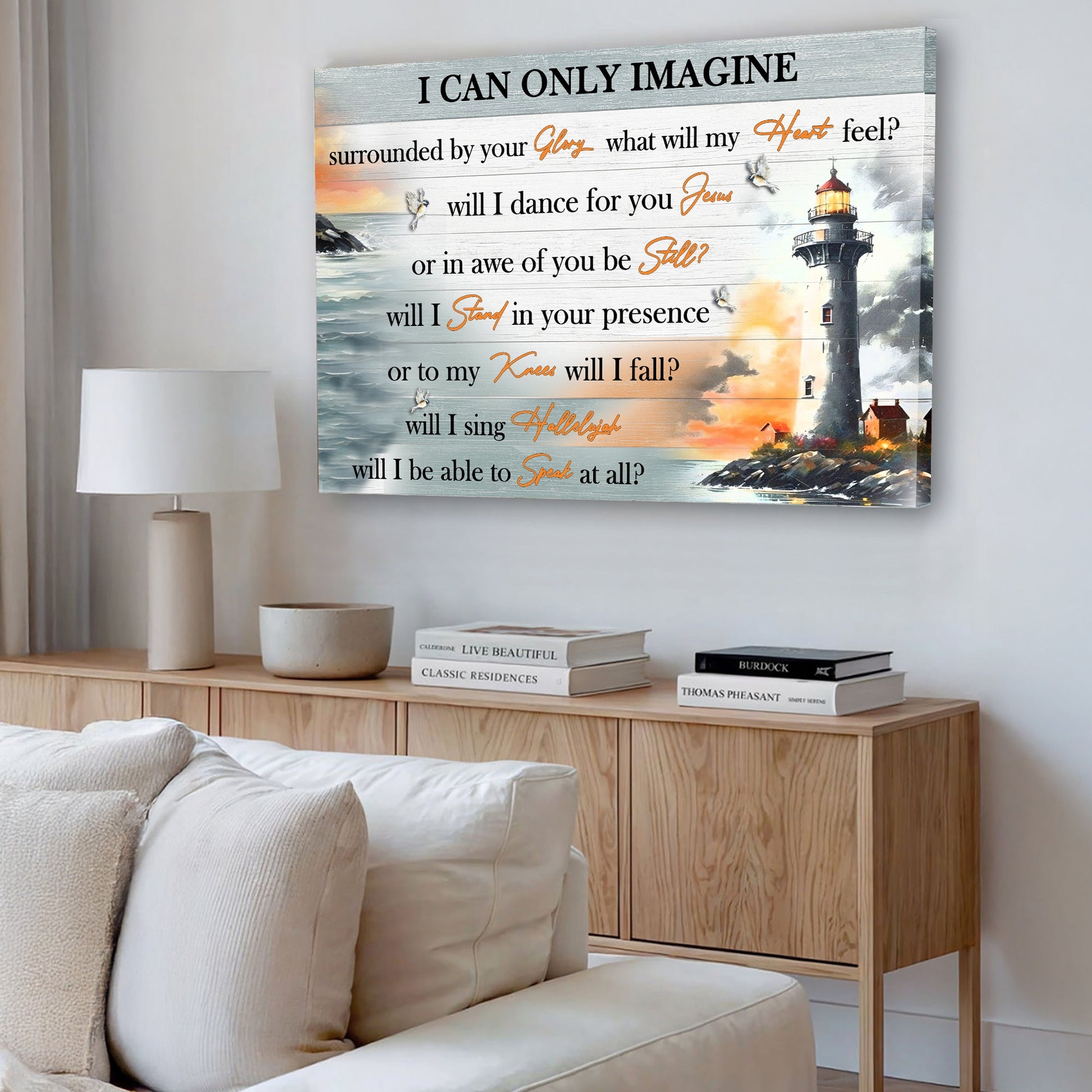 I Can Only Imagine Faith Sign III canvas by Tailored Canvases with coastal lighthouse artwork on Tampa Home & Garden Store