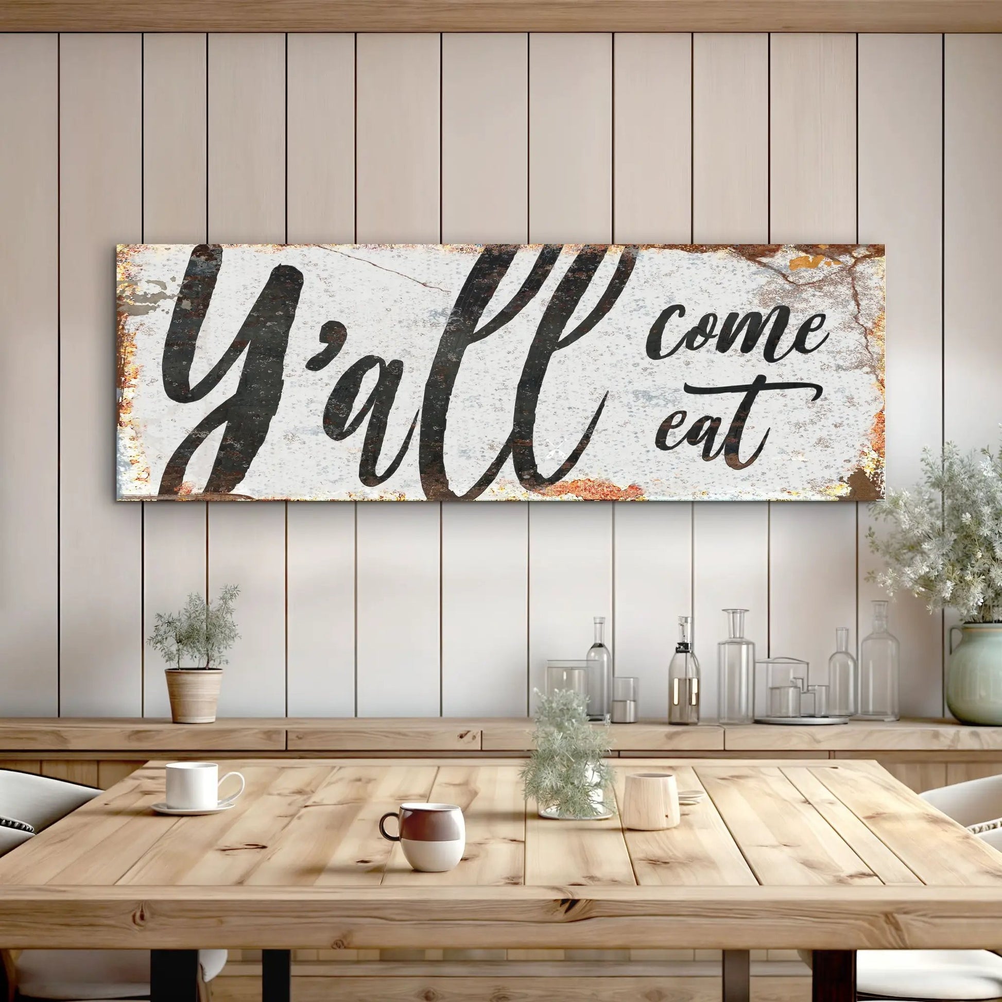 Canvas Y'all Come Eat Kitchen Sign III with distressed white background and black script on Tampa Home & Garden Store