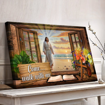 Come Walk With Me Jesus Faith Sign canvas by Tailored Canvases rustic beach scene with flowers on Tampa Home & Garden Store