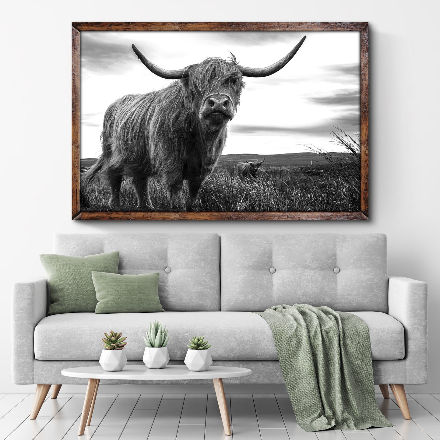 Highland cow black and white crafting canvas wall art by Tailored Canvases in wooden frame on Tampa Home & Garden Store