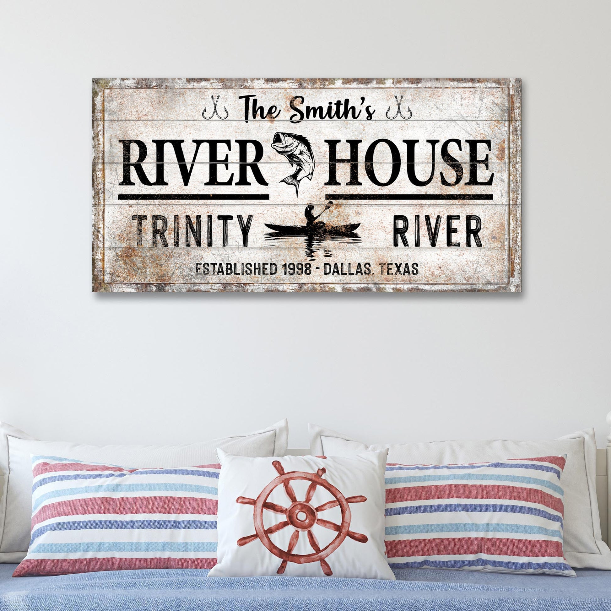 River House Sign II canvas by Tailored Canvases; rustic weathered sign with RIVER HOUSE text on Tampa Home & Garden Store