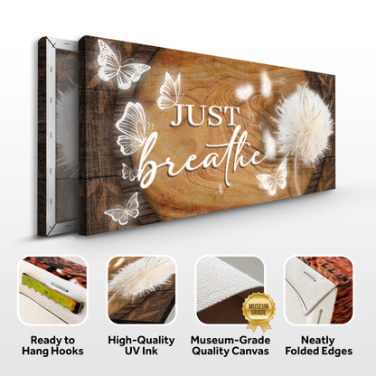 Just Breathe Sign XIII canvas by Tailored Canvases, white butterfly accents on wood grain on Tampa Home & Garden Store