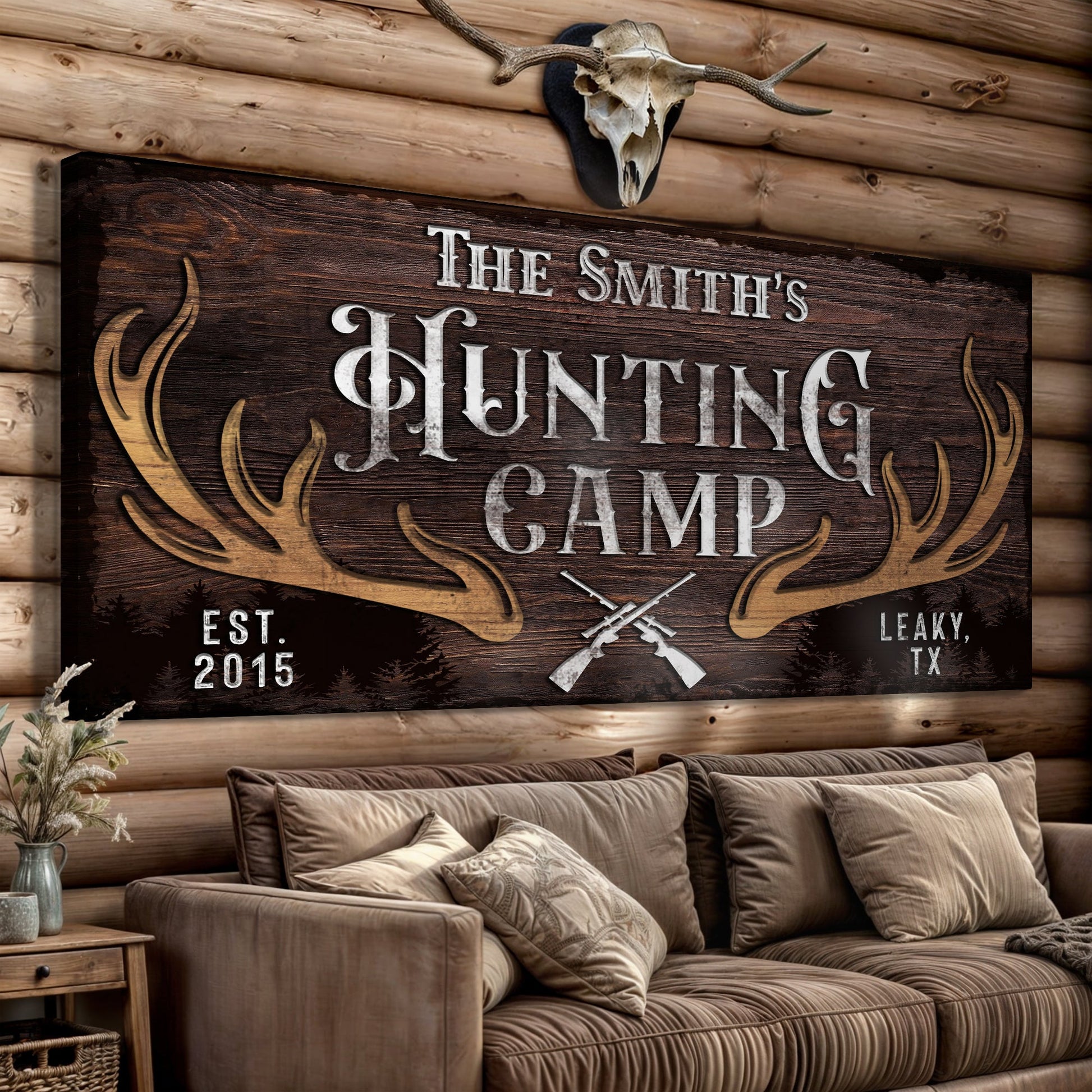 Family Hunting Camp Sign canvas with dark wood panel and white lettering and antler motif on Tampa Home & Garden Store