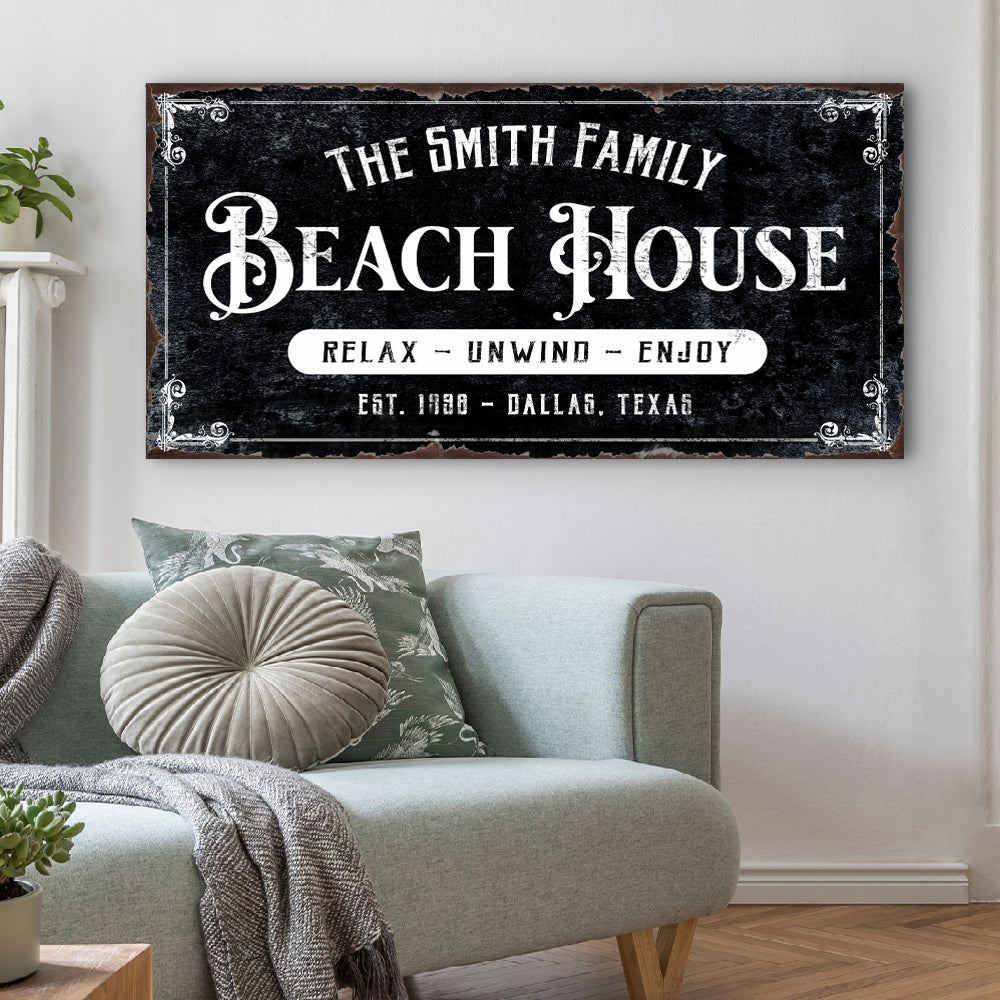 Beach House canvas sign, black distressed backdrop, Tailored Canvases crafting canvas on Tampa Home & Garden Store