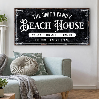 Beach House canvas sign, black distressed backdrop, Tailored Canvases crafting canvas on Tampa Home & Garden Store