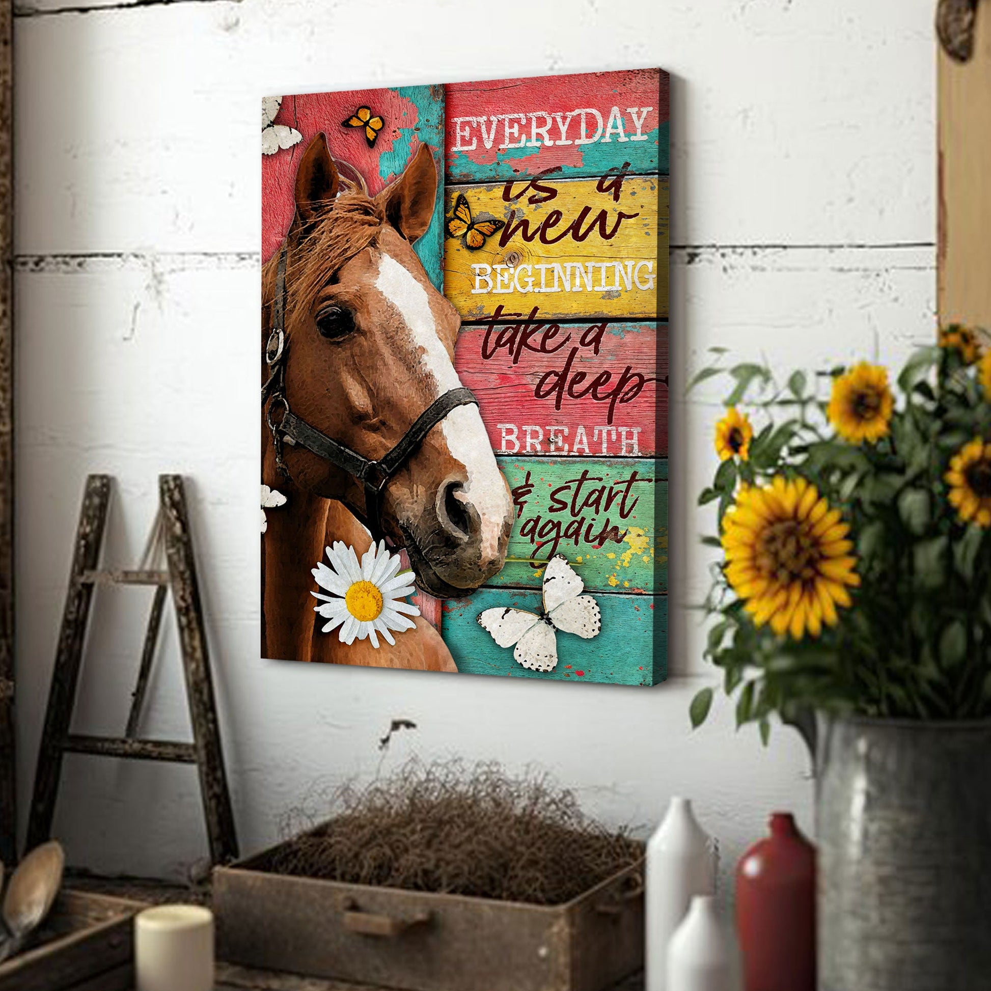 Everyday Is A New Beginning Faith Sign canvas with colorful distressed wood panels and horse on Tampa Home & Garden Store