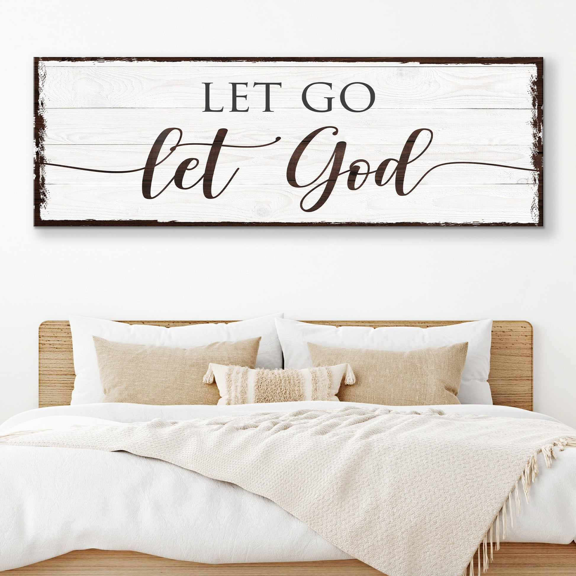 Let Go Let God faith sign canvas by Tailored Canvases, whitewashed wood with brown script on Tampa Home & Garden Store