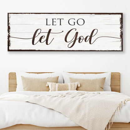 Let Go Let God faith sign canvas by Tailored Canvases, whitewashed wood with brown script on Tampa Home & Garden Store