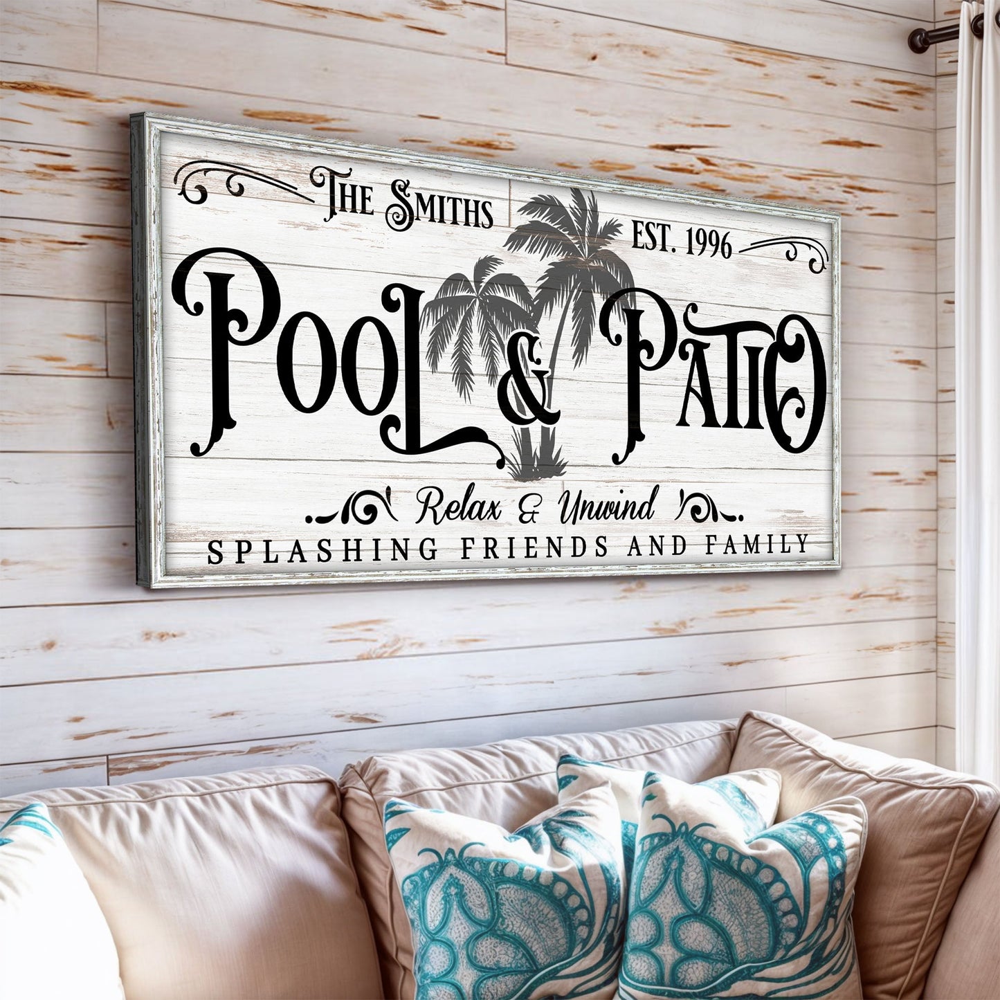Personalized Pool & Patio canvas sign with palm trees, distressed frame Tailored Canvases on Tampa Home & Garden Store