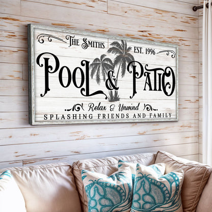 Personalized Pool & Patio canvas sign with palm trees, distressed frame Tailored Canvases on Tampa Home & Garden Store