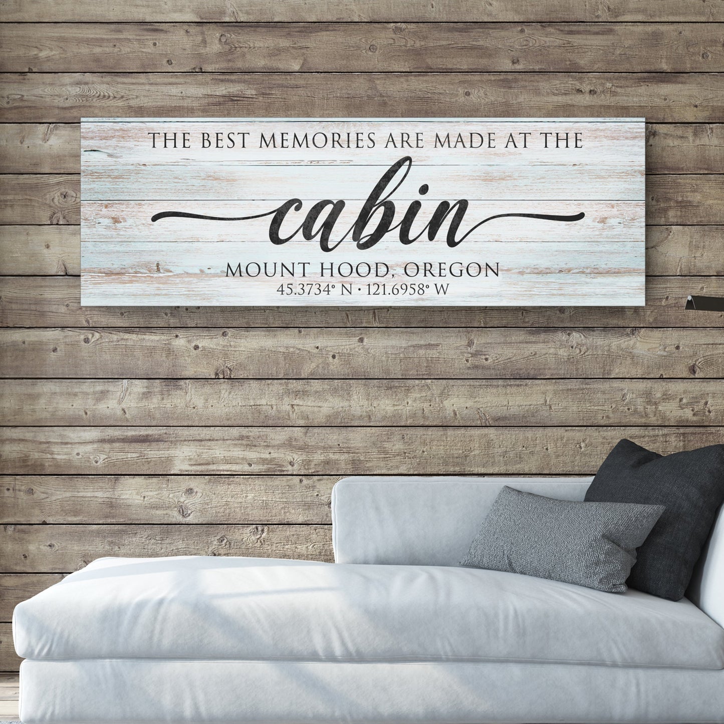 Tailored Canvases canvas sign on whitewashed wood reads The Best Memories Are Made At Cabin on Tampa Home & Garden Store