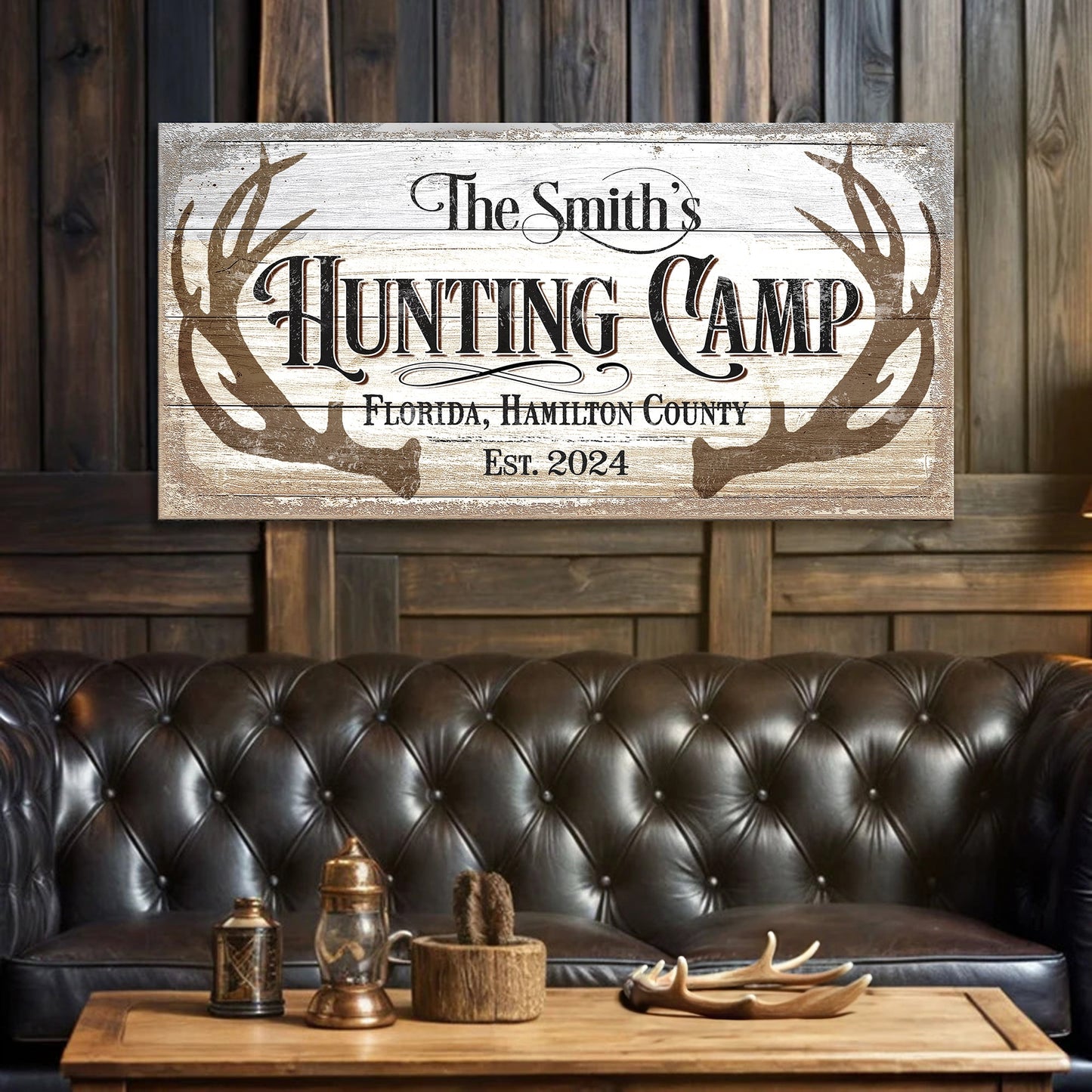Hunting Camp Family Sign canvas by Tailored Canvases, rustic wood panel design on Tampa Home & Garden Store