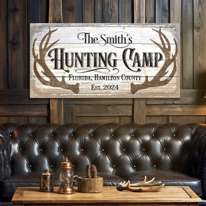Hunting Camp Family Sign canvas by Tailored Canvases, rustic wood panel design on Tampa Home & Garden Store