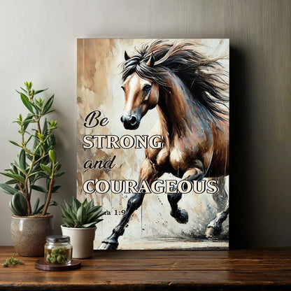 Be Strong And Courageous faith sign canvas by Tailored Canvases with a horse illustration on Tampa Home & Garden Store