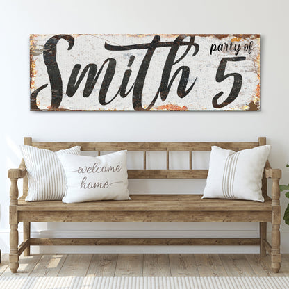 Personalized Party of Family Sign canvas by Tailored Canvases with rustic finish and script on Tampa Home & Garden Store