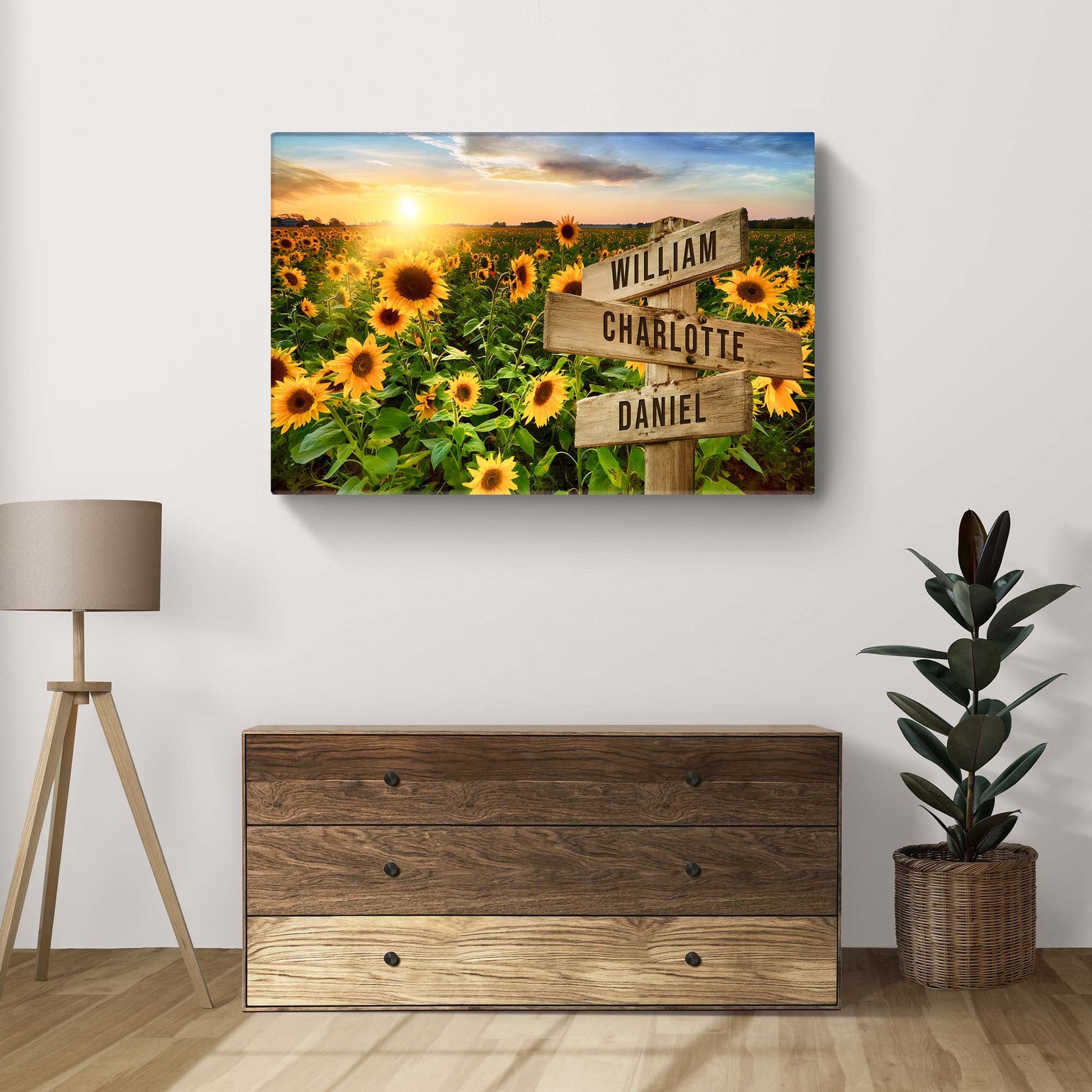 Sunflower field canvas wall art with wooden signpost showing William, Charlotte, Daniel on Tampa Home & Garden Store