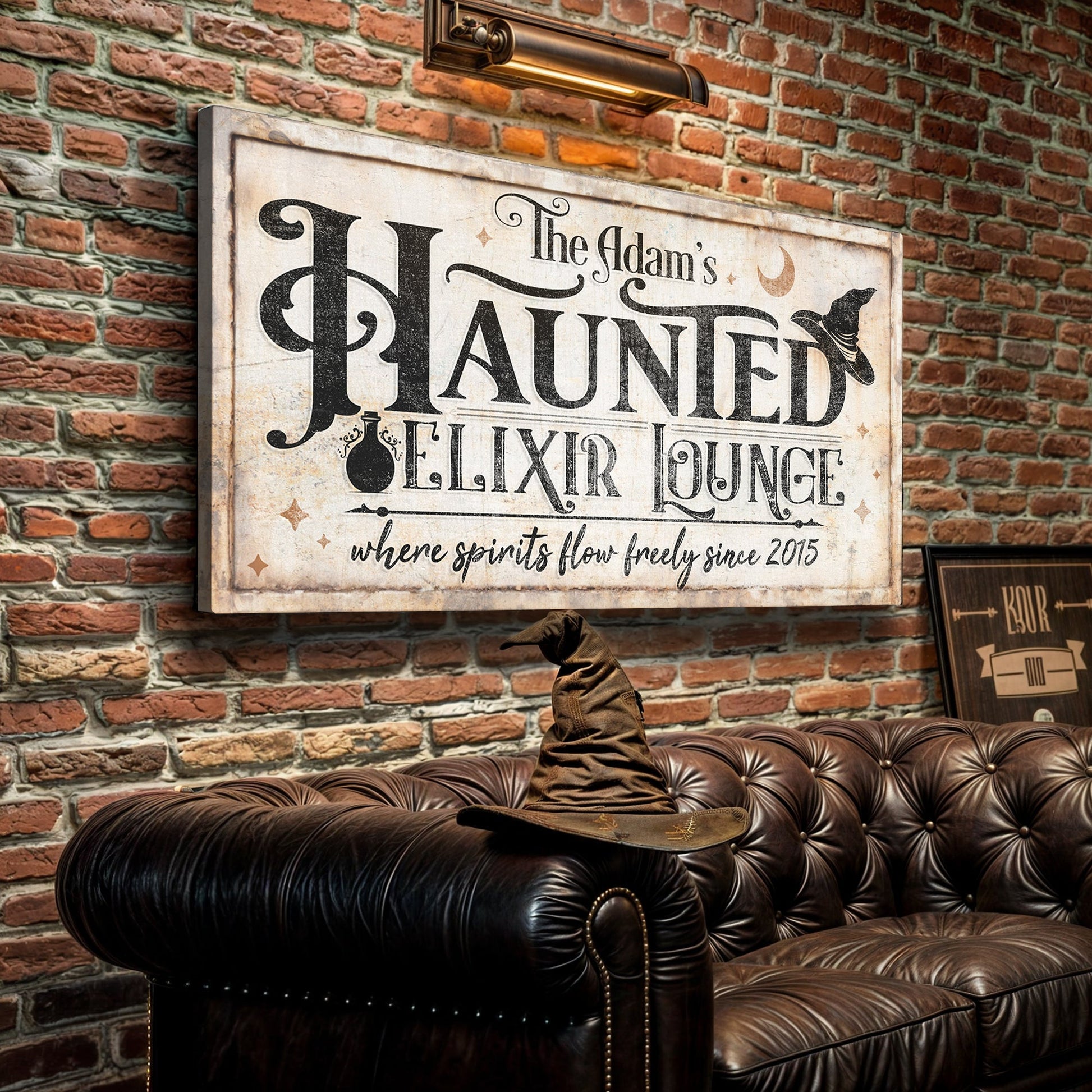 Canvas Haunted Elixir Lounge II sign; Tailored Canvases, vintage black typography on Tampa Home & Garden Store