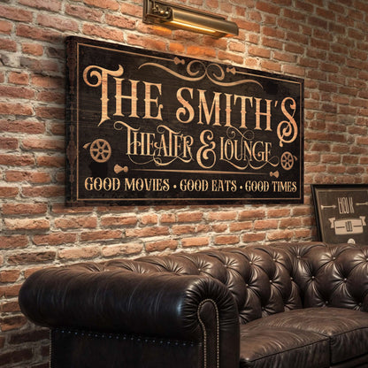 Personalized Theater Sign V canvas with black finish and gold lettering by Tailored Canvases on Tampa Home & Garden Store