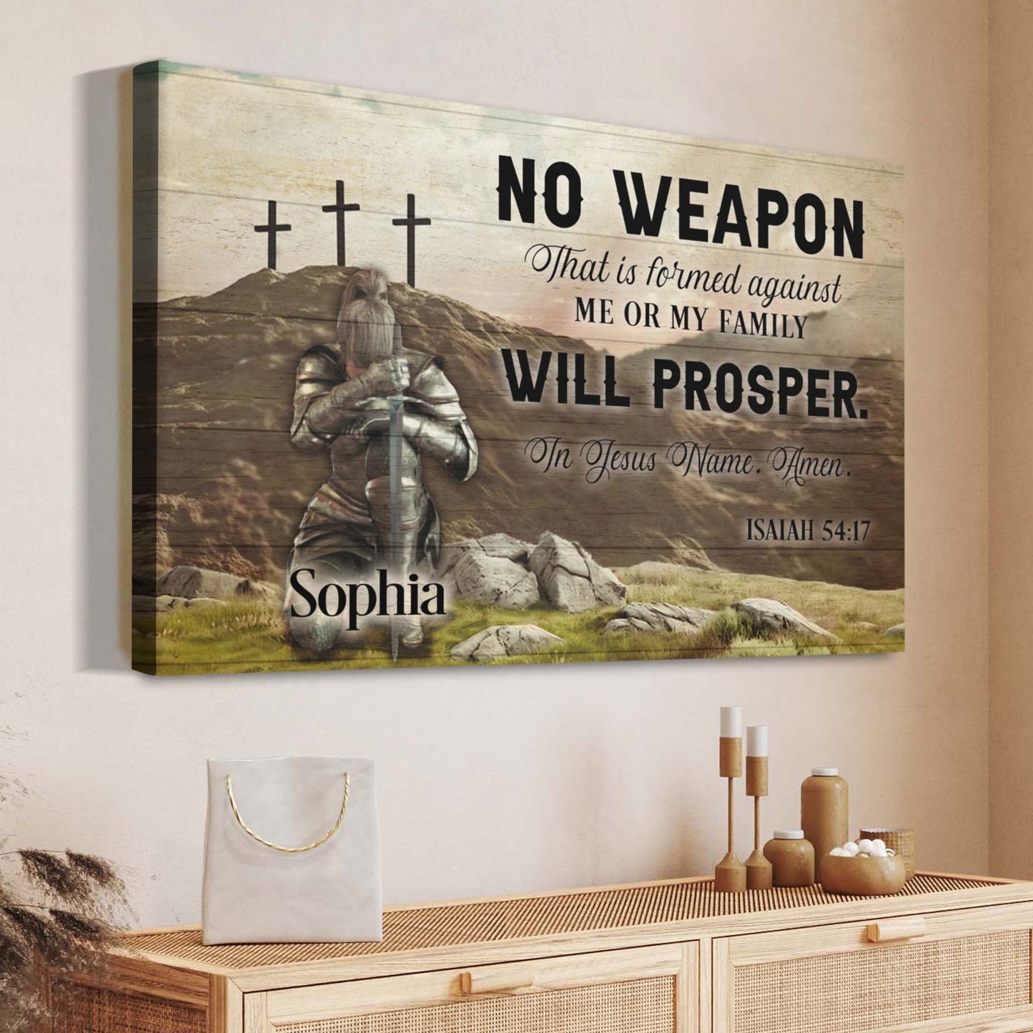 Canvas Faith Sign II no weapon formed against you will prosper Isaiah 54:17 rustic wood crosses on Tampa Home & Garden Store
