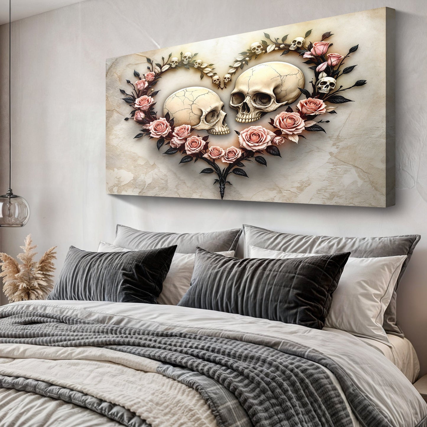 Skull and Flowers Wall Art VI canvas with cream skulls and pink roses on beige background on Tampa Home & Garden Store