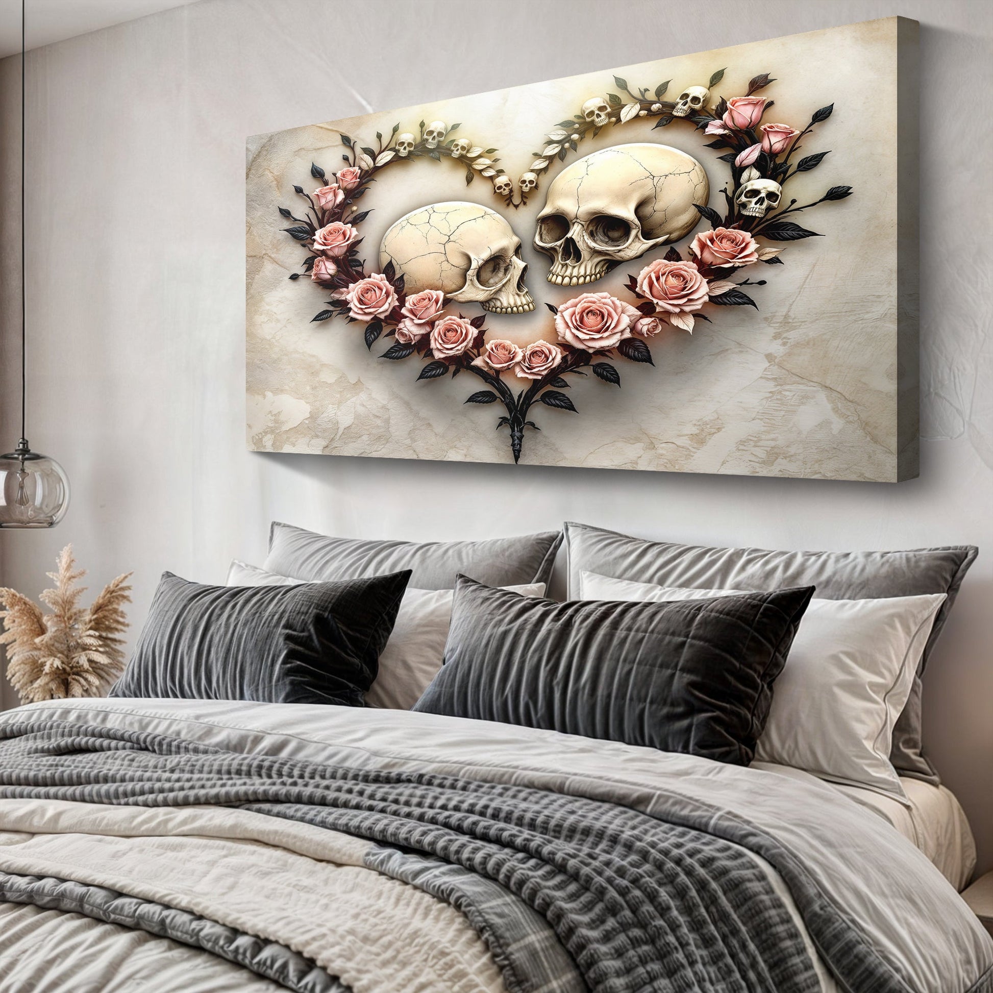 Skull and Flowers Wall Art VI canvas with cream skulls and pink roses on beige background on Tampa Home & Garden Store