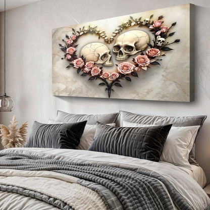 Skull and Flowers Wall Art VI canvas with cream skulls and pink roses on beige background on Tampa Home & Garden Store