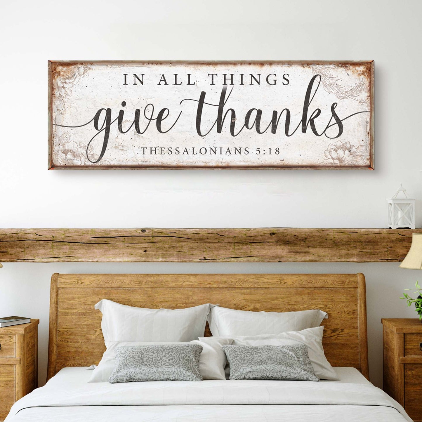 Canvas faith sign In All Things Give Thanks Thessalonians 5:18 with white distressed frame on Tampa Home & Garden Store