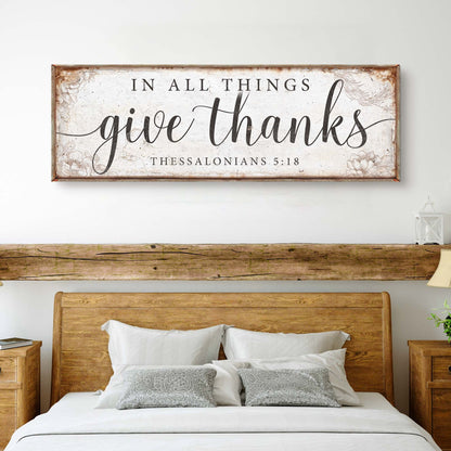 Canvas faith sign In All Things Give Thanks Thessalonians 5:18 with white distressed frame on Tampa Home & Garden Store