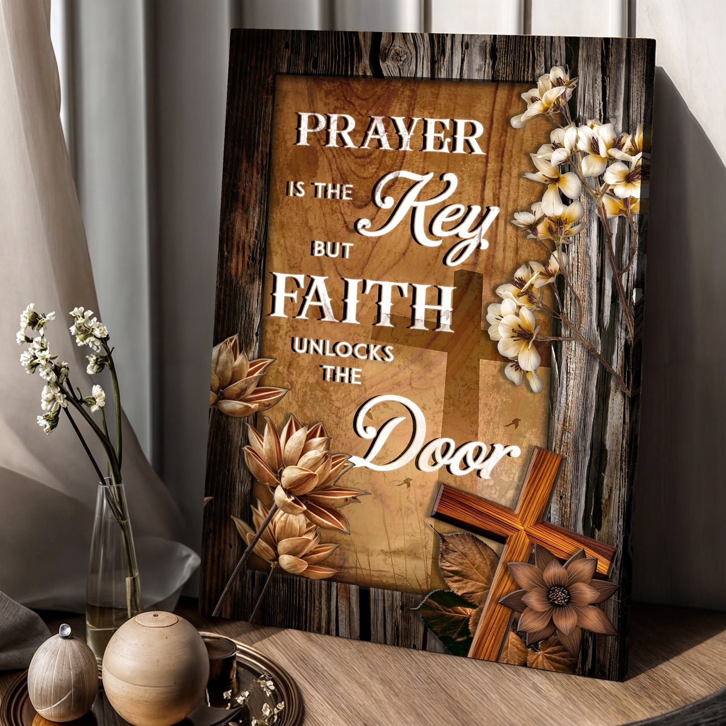 Canvas by Tailored Canvases wood panel with florals Prayer Is The Key But Faith Unlocks The Door on Tampa Home & Garden Store