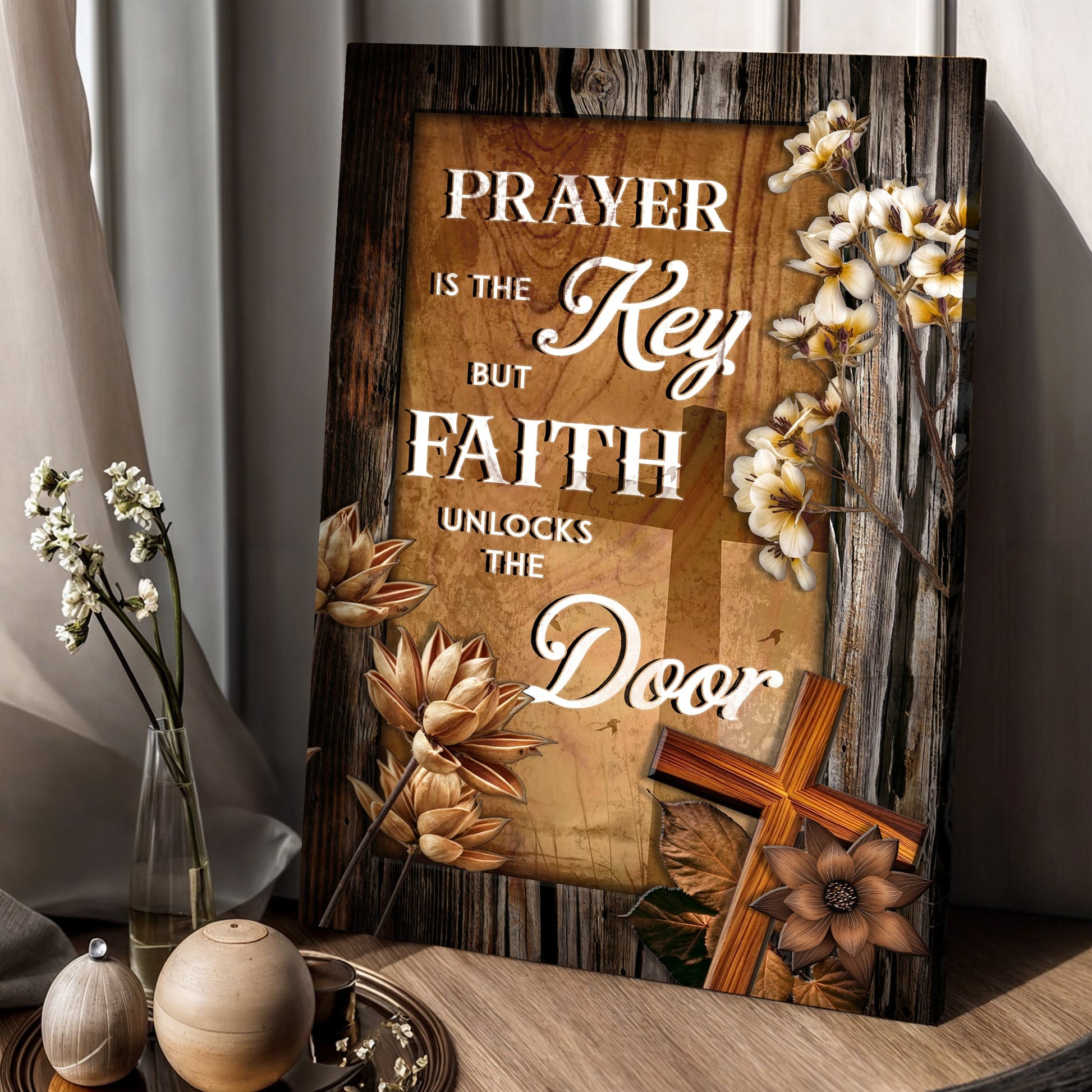 Canvas by Tailored Canvases wood panel with florals Prayer Is The Key But Faith Unlocks The Door on Tampa Home & Garden Store